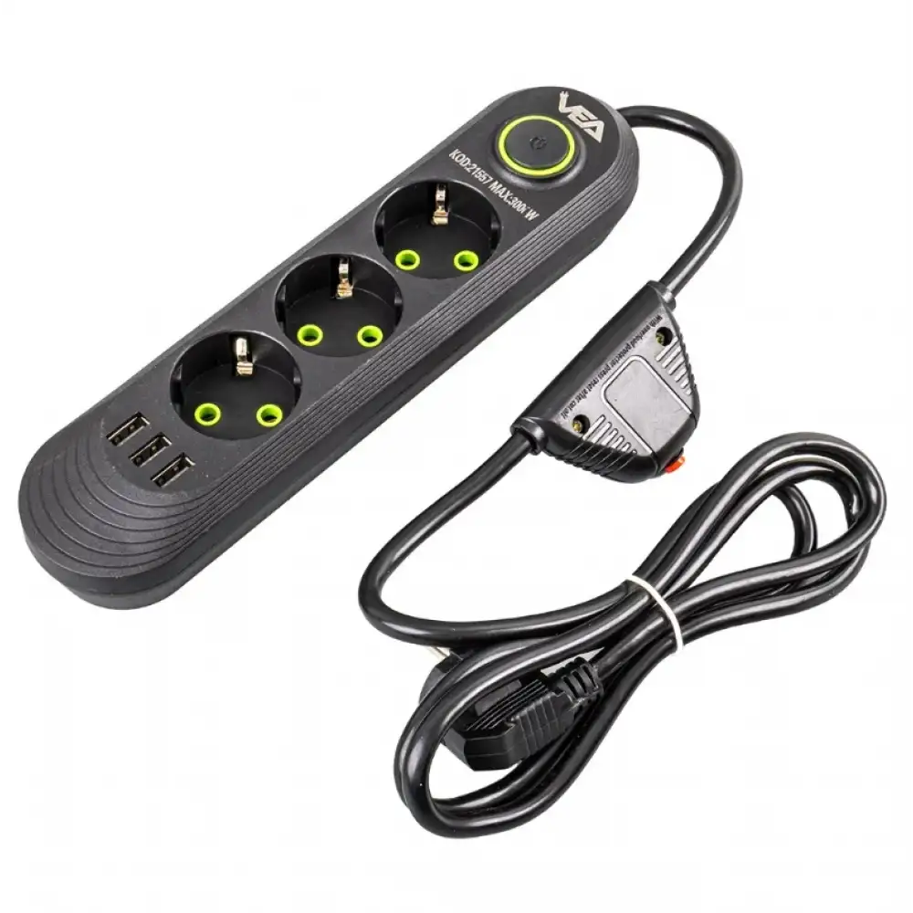 3 USBli 1.5 Metre Akım Korumalı Priz Siyah