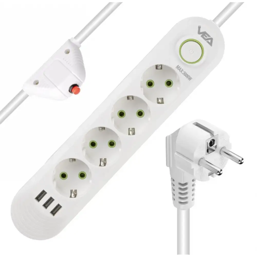 4lü 3 USBli 1.5 Metre Akım Korumalı Priz Beyaz