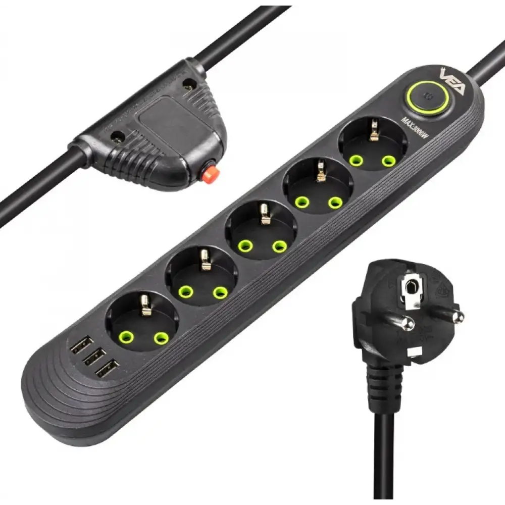 5li 3 USBli 1.5 Metre Akım Korumalı Priz Siyah