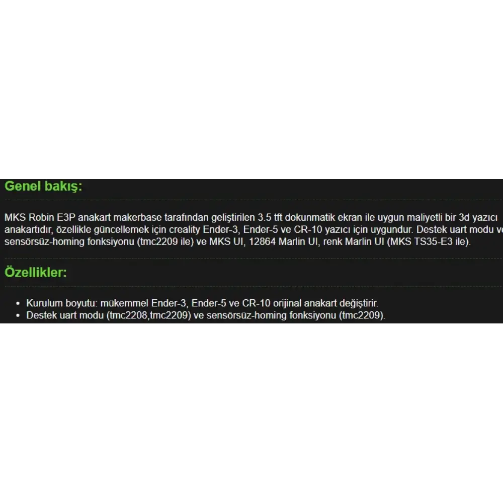 Creality Ender 3 icin MKS Robin E3P 32 Bit Kart ve 3.5 inch TFT
