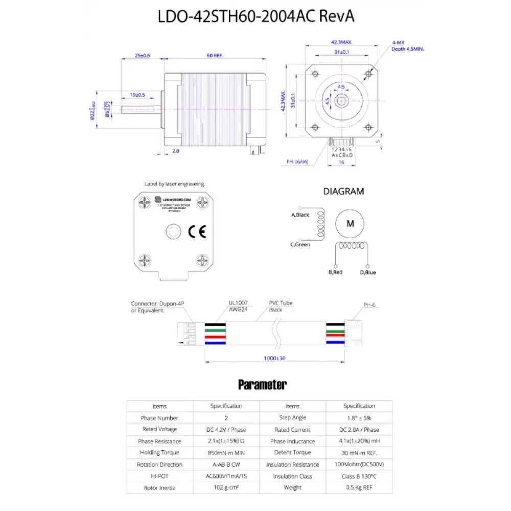 LDO-42STH60-2004AC 1.8 Derece Yüksek Hız Step Motor
