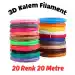 20 Renk 1 Metre 3D Kalem Pla Filament- 20 Metre