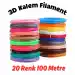 20 Renk 5 Metre 3D Kalem Pla Filament-100 Metre