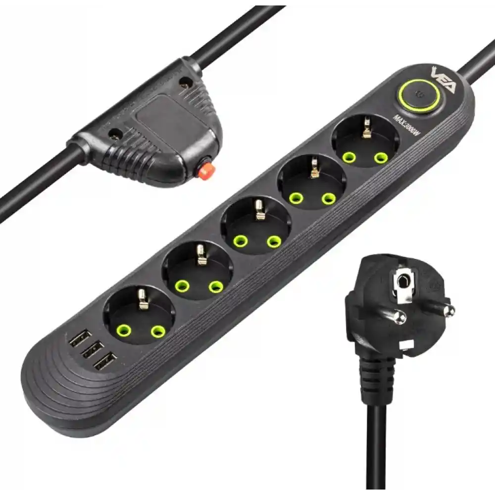 5li 3 USBli 1.5 Metre Akım Korumalı Priz Siyah