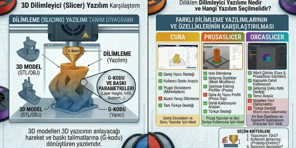Slicer Yazılım Karşılaştırması: Cura vs PrusaSlicer vs OrcaSlicer