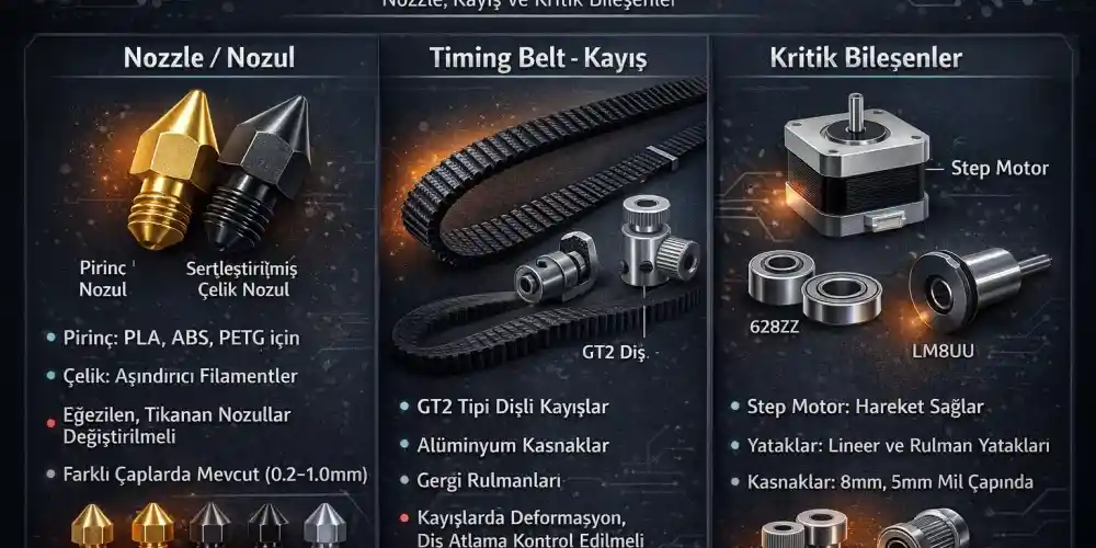 3D Yazıcı Yedek Parça Rehberi: Nozzle, Kayış ve Kritik Bileşenler