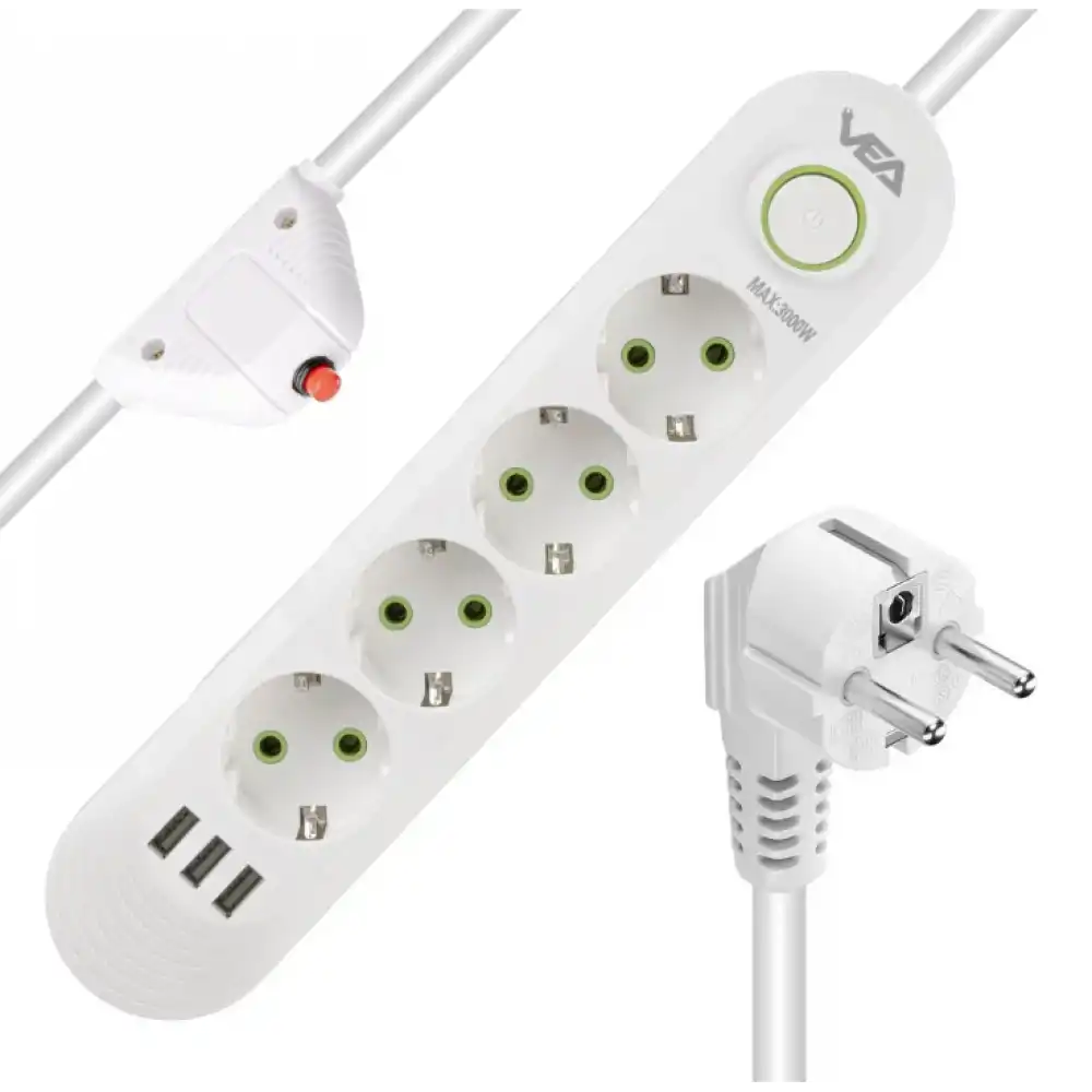 4lü 3 USBli 1.5 Metre Akım Korumalı Priz Beyaz