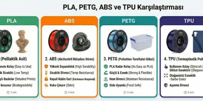 Kapsamlı 3D Yazıcı Filament Rehberi: PLA, PETG, ABS ve TPU Karşılaştırması