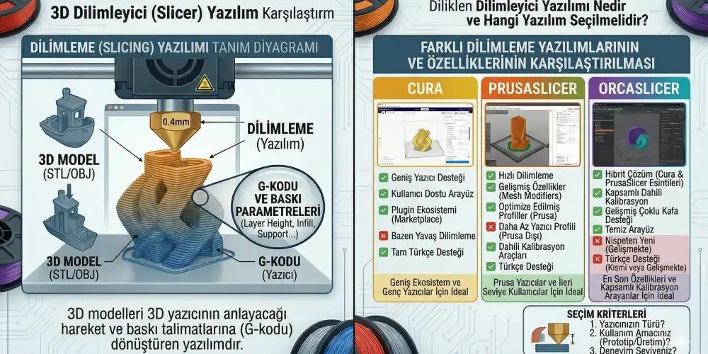 Slicer Yazılım Karşılaştırması: Cura vs PrusaSlicer vs OrcaSlicer