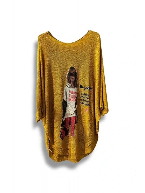 Kadın Merserize Triko Bluz – Oversize Rahat Kalıp, Baskılı Bluz (38-48 Beden)