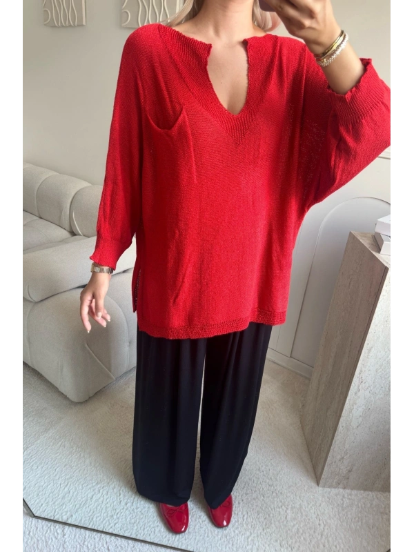 Kırmızı Oversize merserize triko 38/52 beden uyumlu bluz