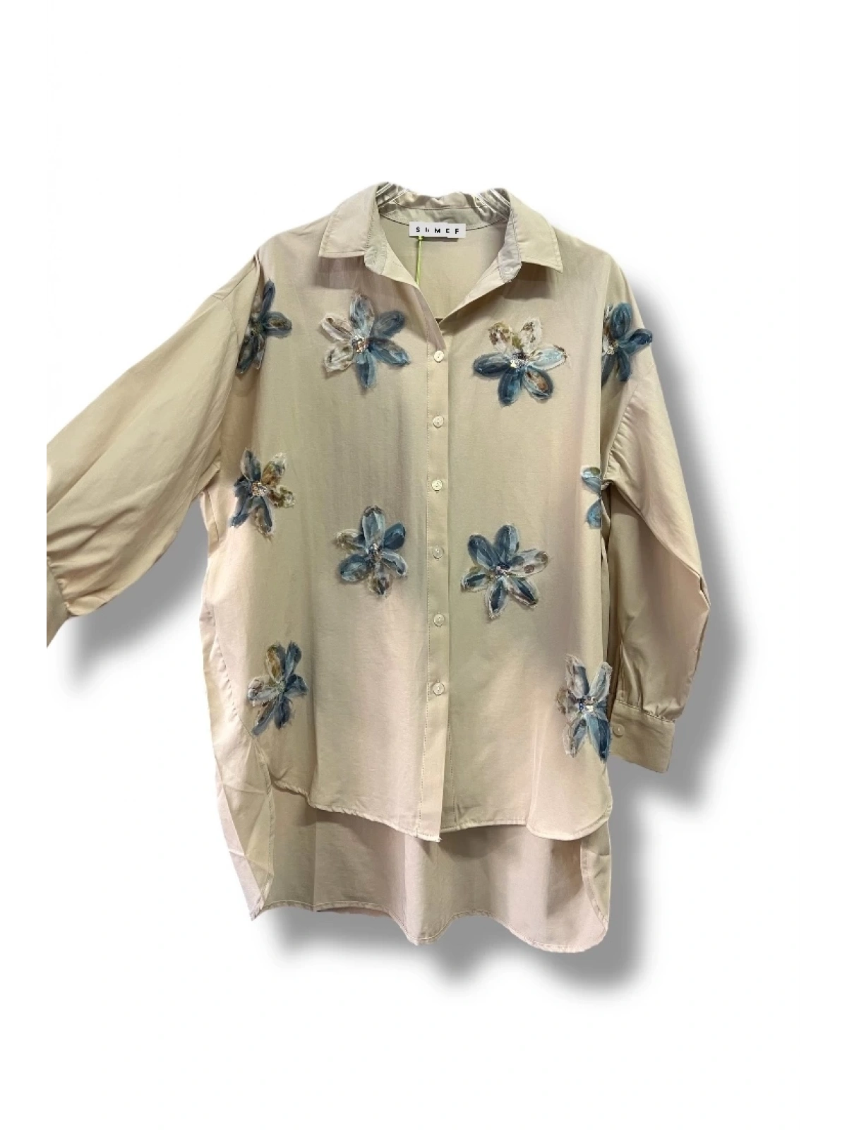 begonya çiçek figürlü oversize kadın gömlek-Bej