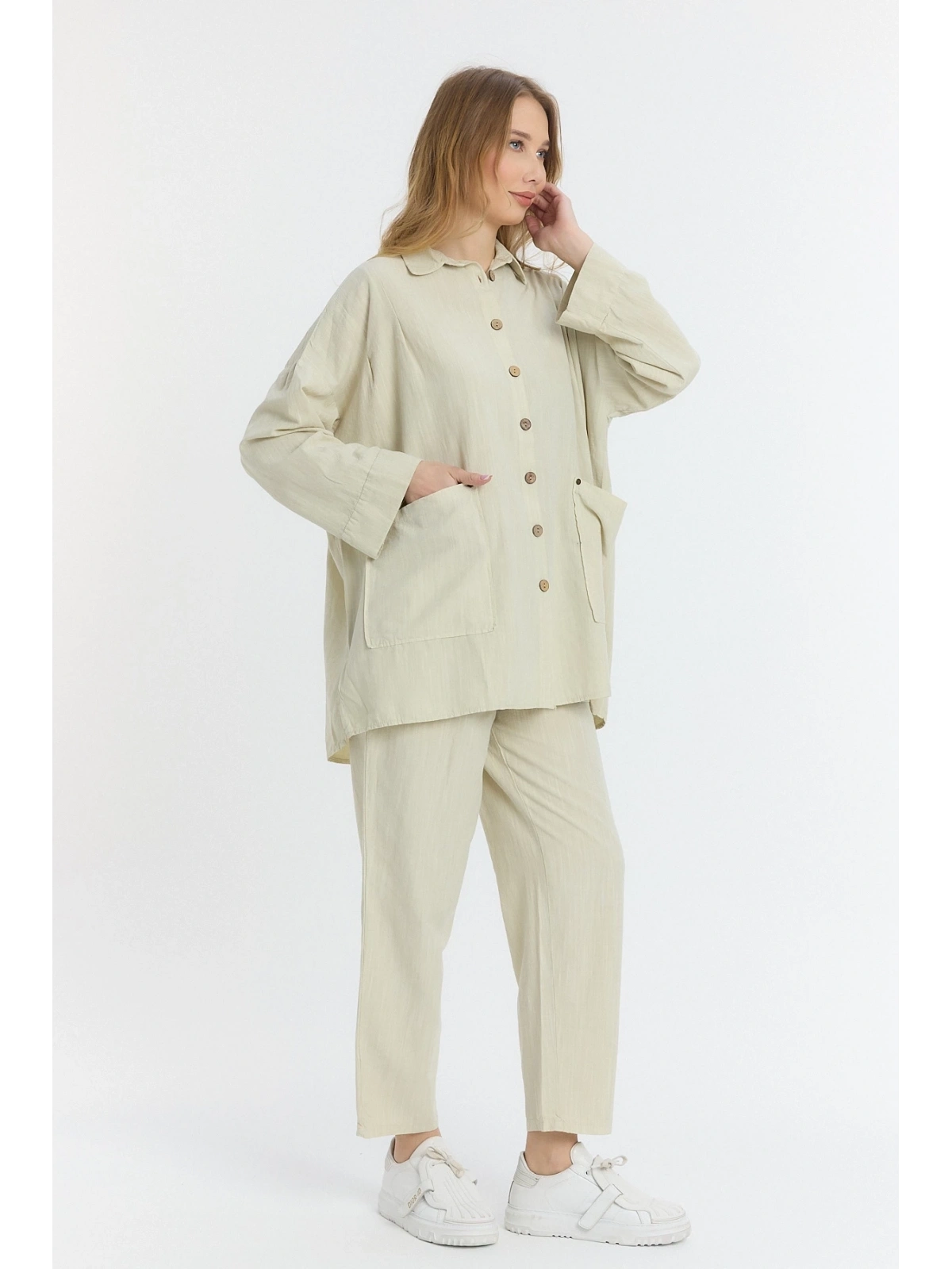 Çift cepli keten oversize italyan ikili takım-Krem