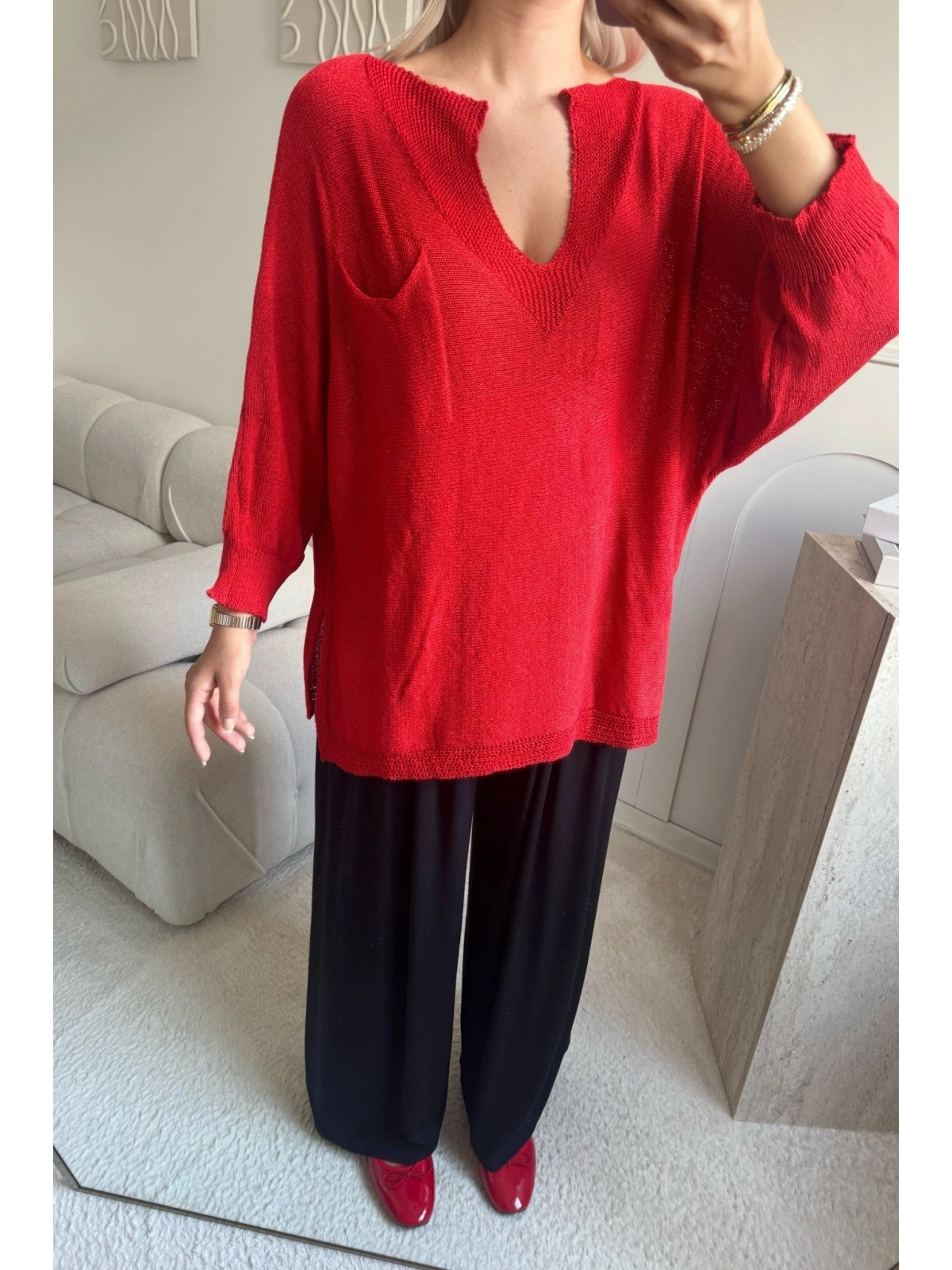Kırmızı Oversize merserize triko 38/52 beden uyumlu bluz