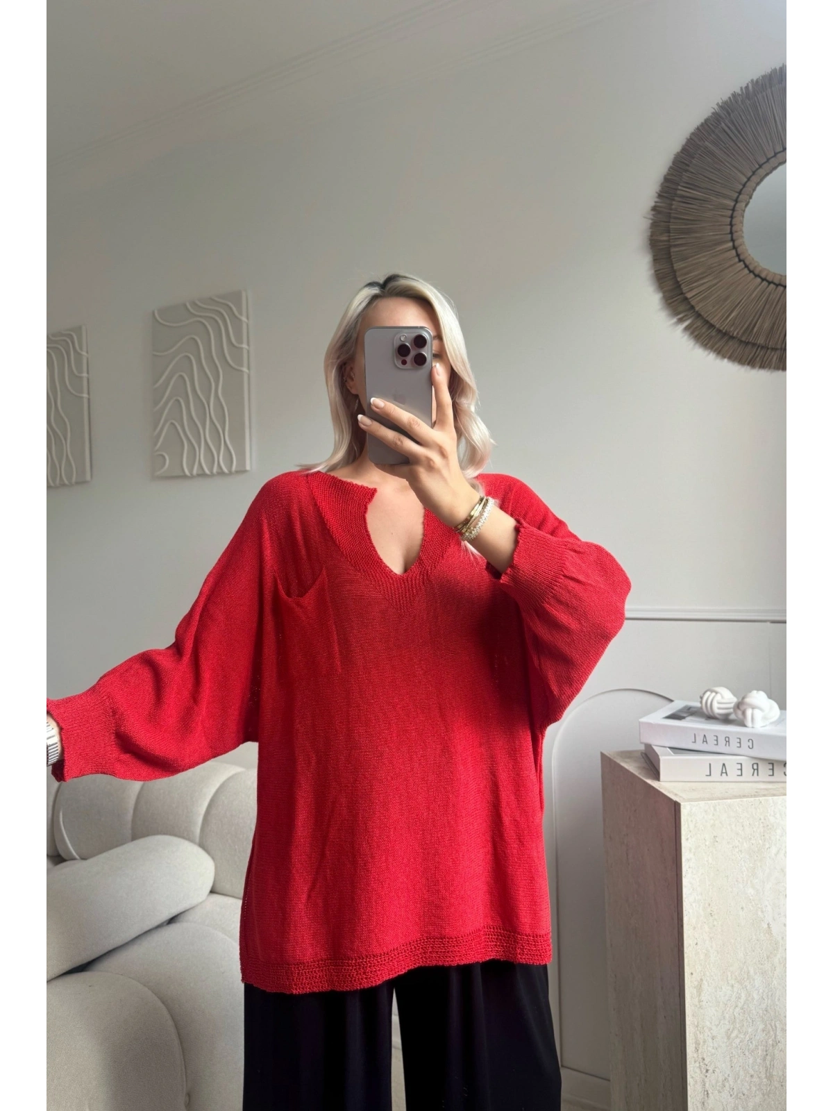 Kırmızı Oversize merserize triko 38/52 beden uyumlu bluz