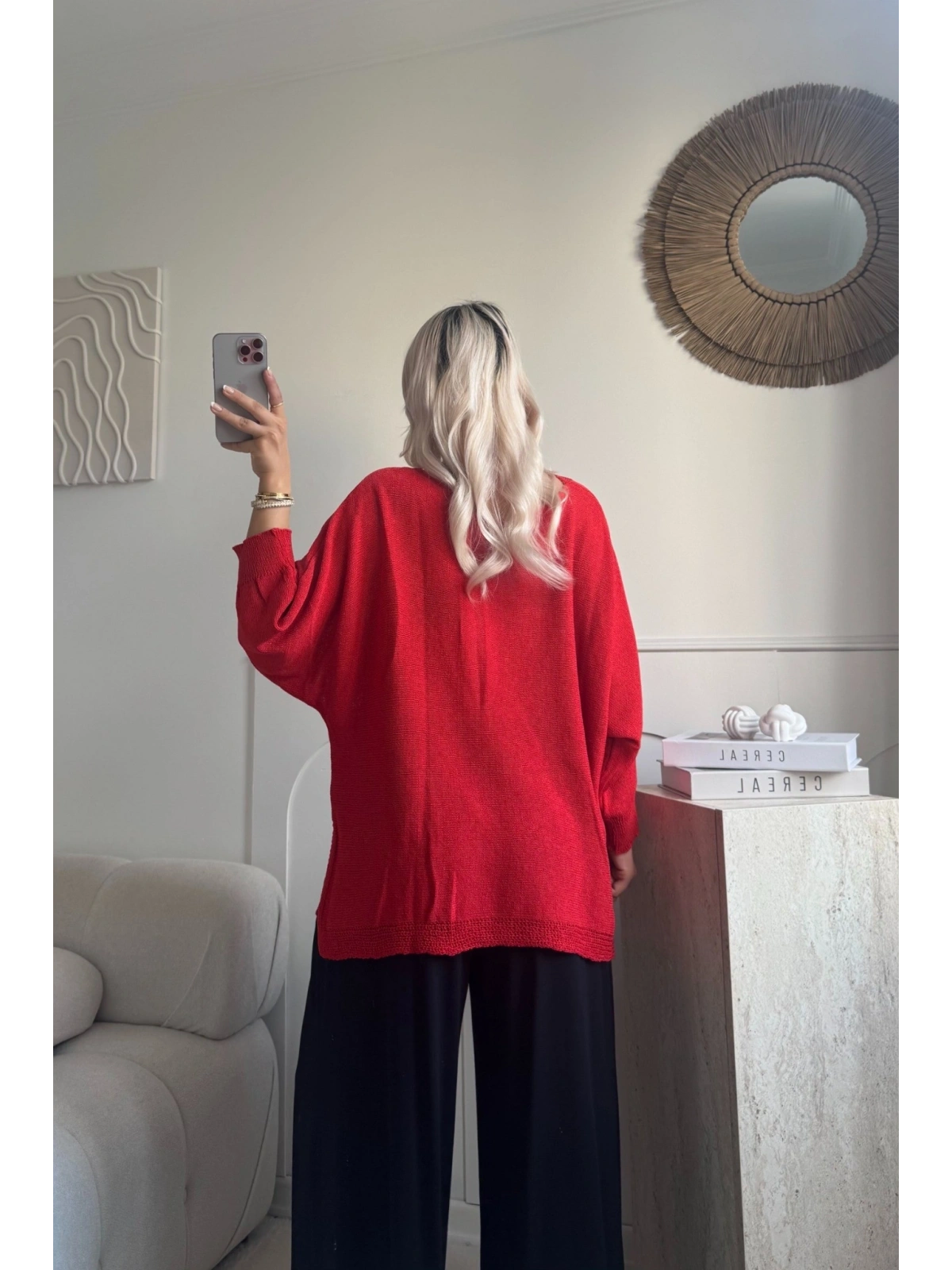 Kırmızı Oversize merserize triko 38/52 beden uyumlu bluz