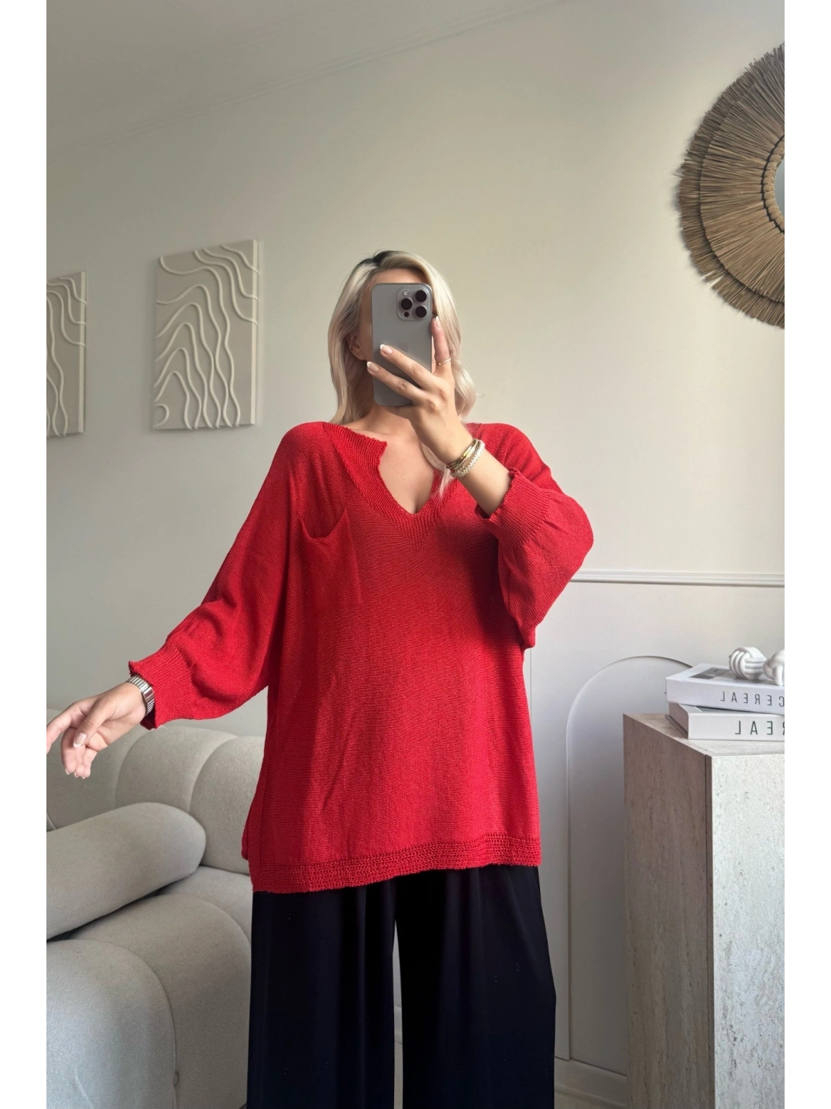 Kırmızı Oversize merserize triko 38/52 beden uyumlu bluz