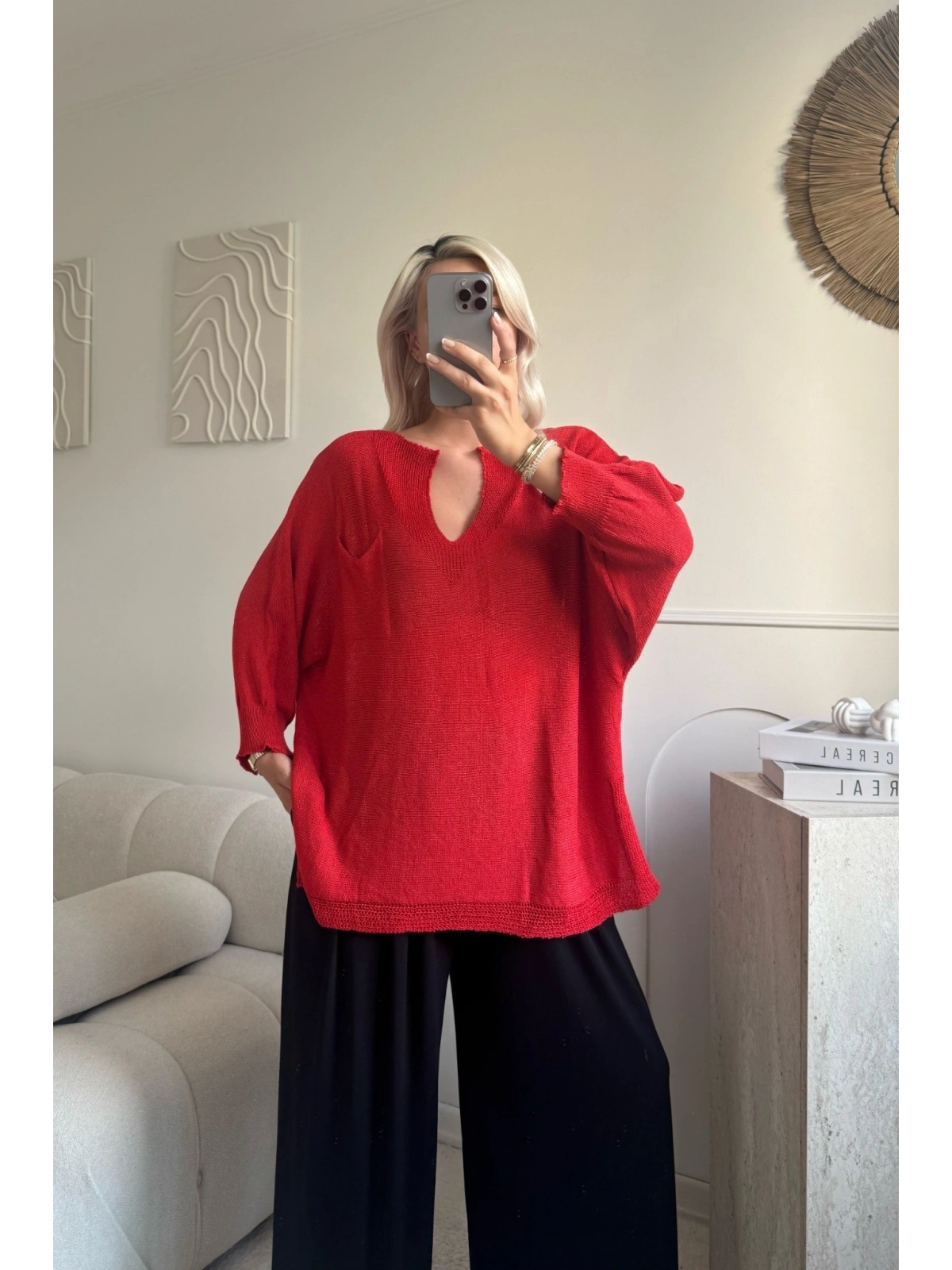 Kırmızı Oversize merserize triko 38/52 beden uyumlu bluz