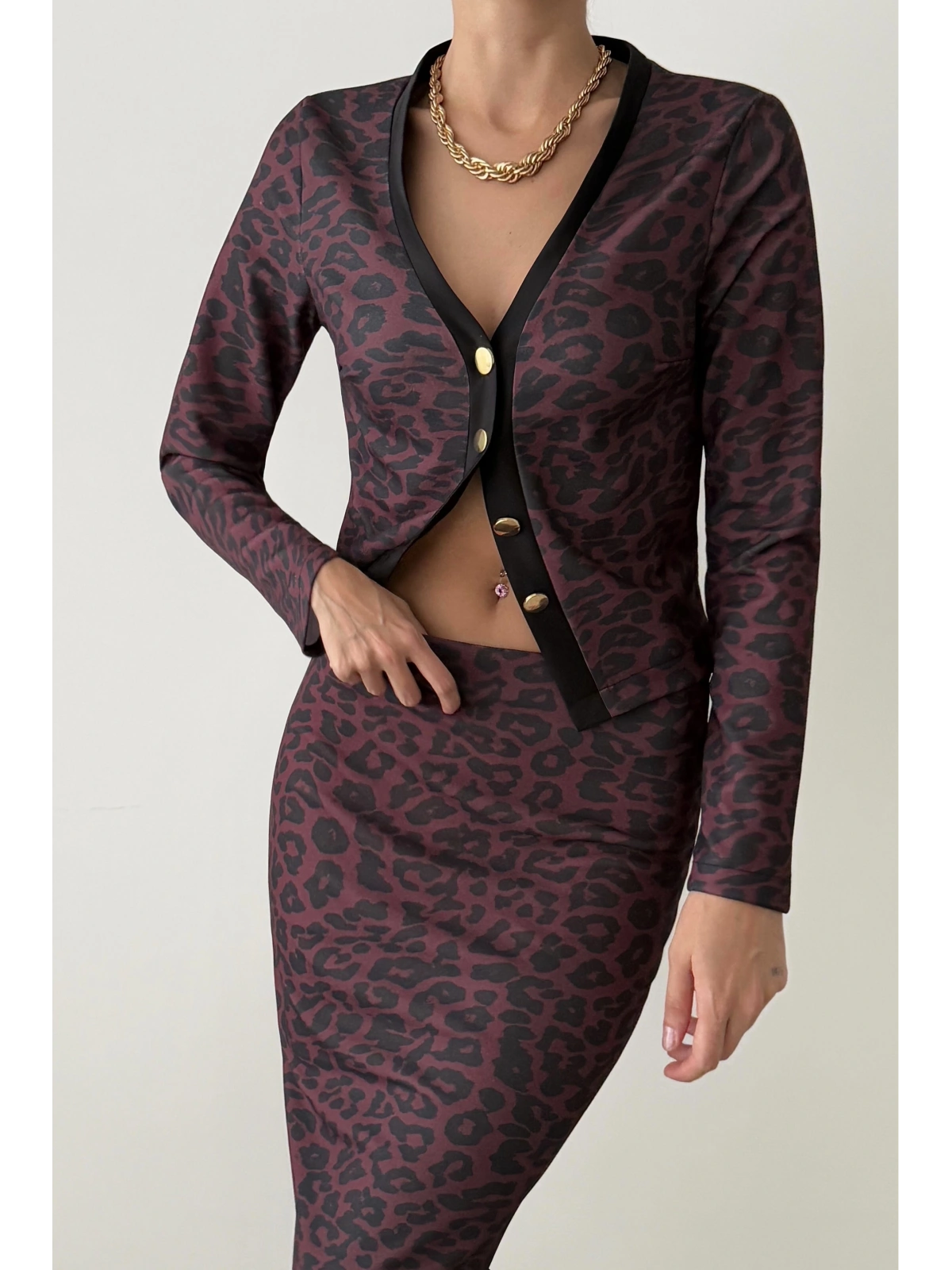 Leopar Desenli Hırka Etek Takım-Bordo