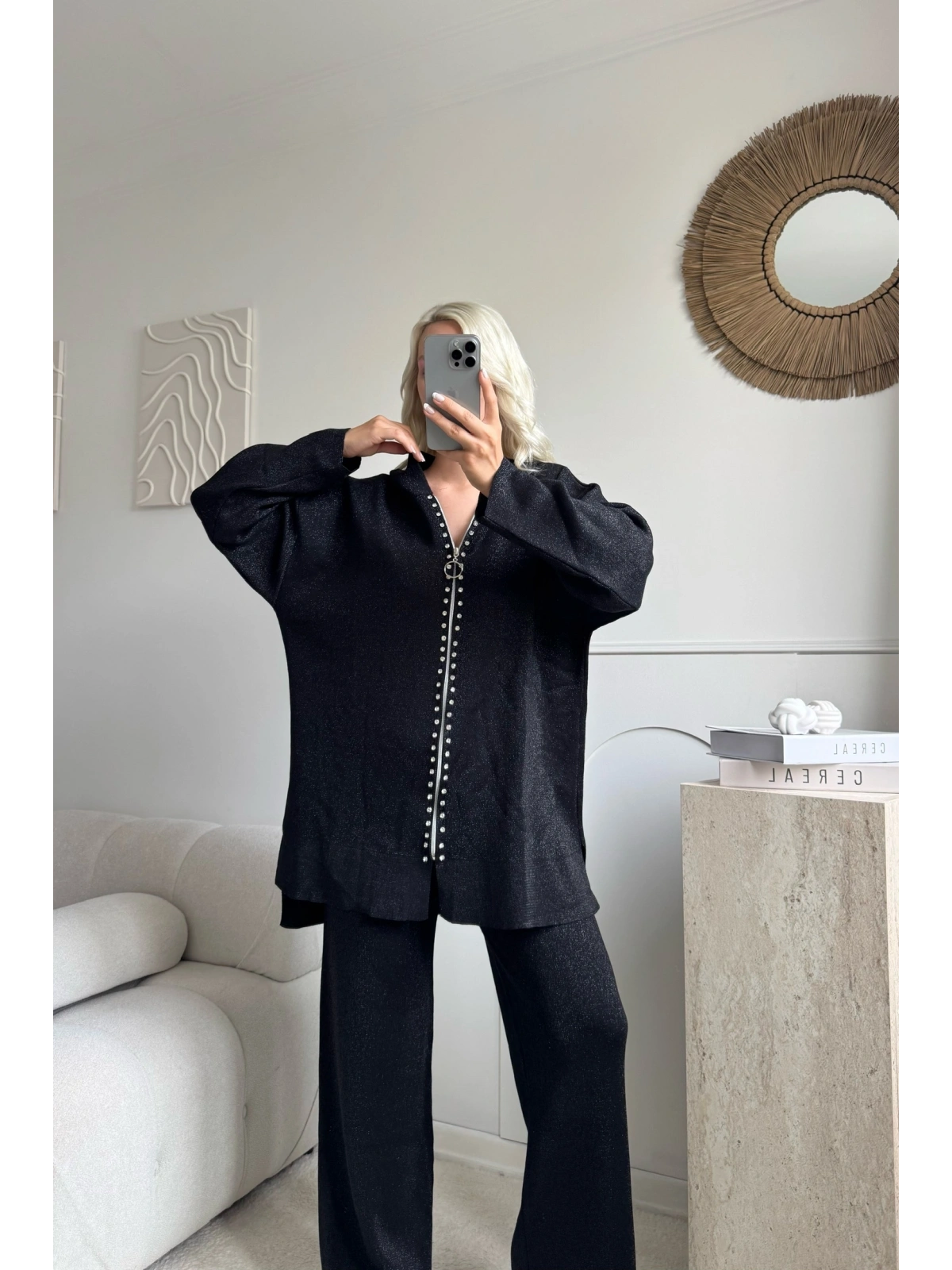 Gri Simli fermuarlı oversize 38/42 uyumlu triko takım