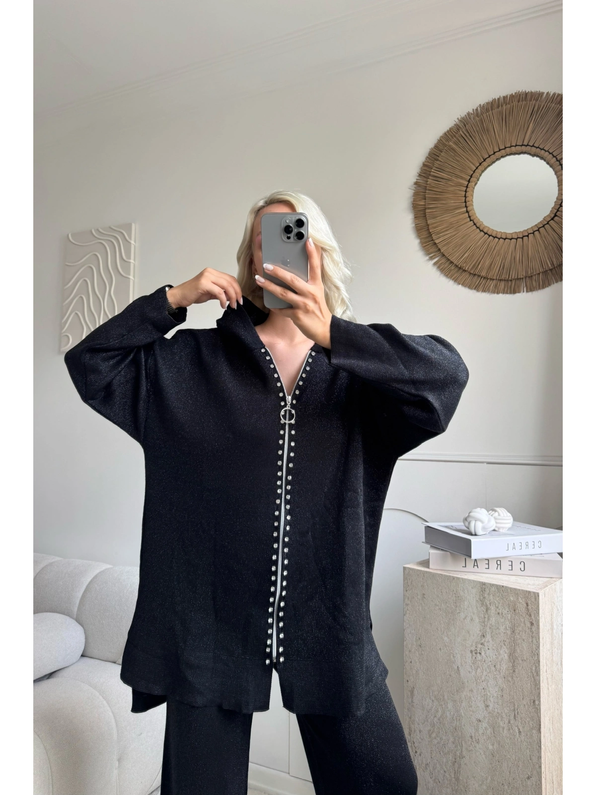 Gri Simli fermuarlı oversize 38/42 uyumlu triko takım