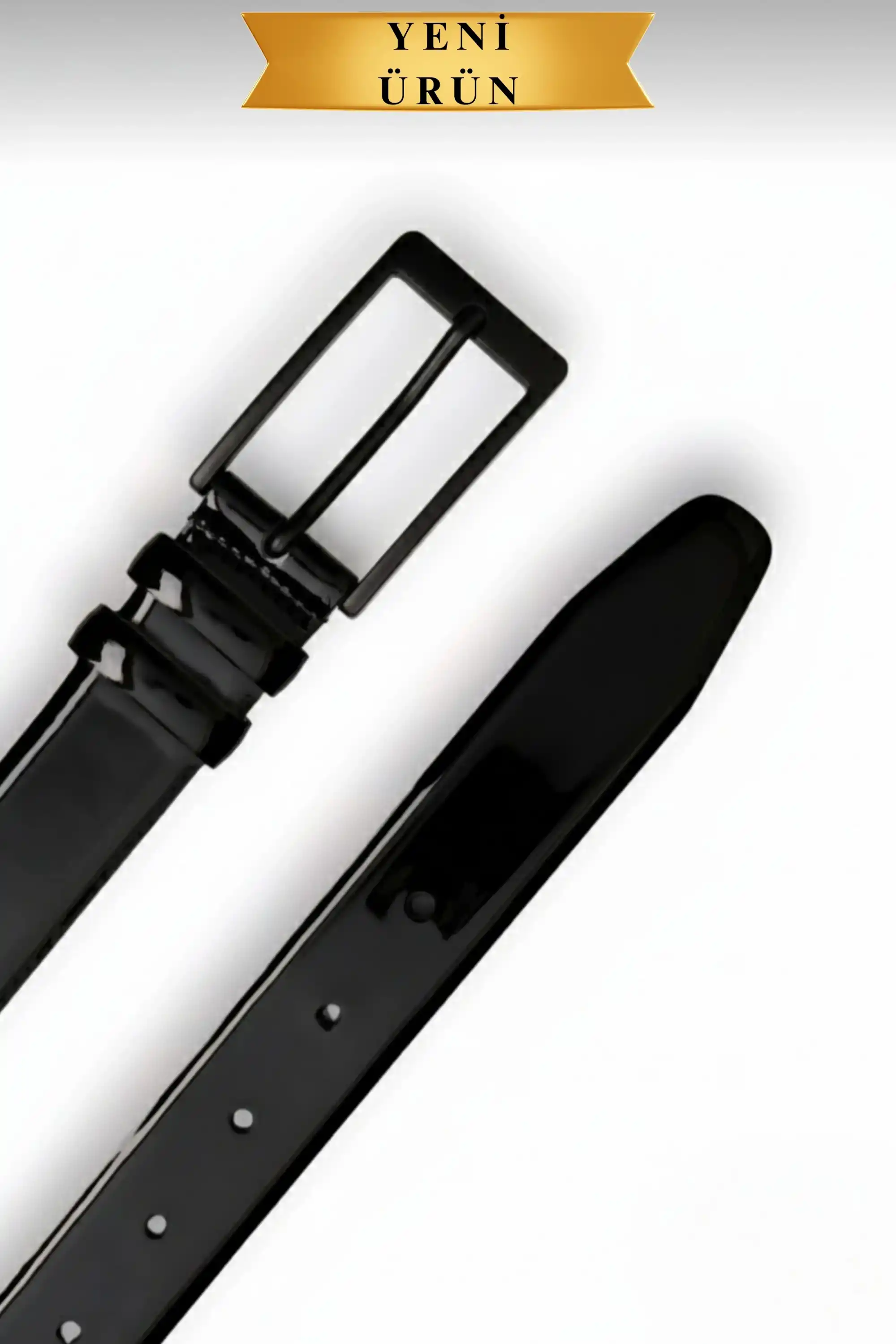 Rugan Vegan Deri Kemer Siyah Mat Metal Tokalı İnce Model Parlak Siyah