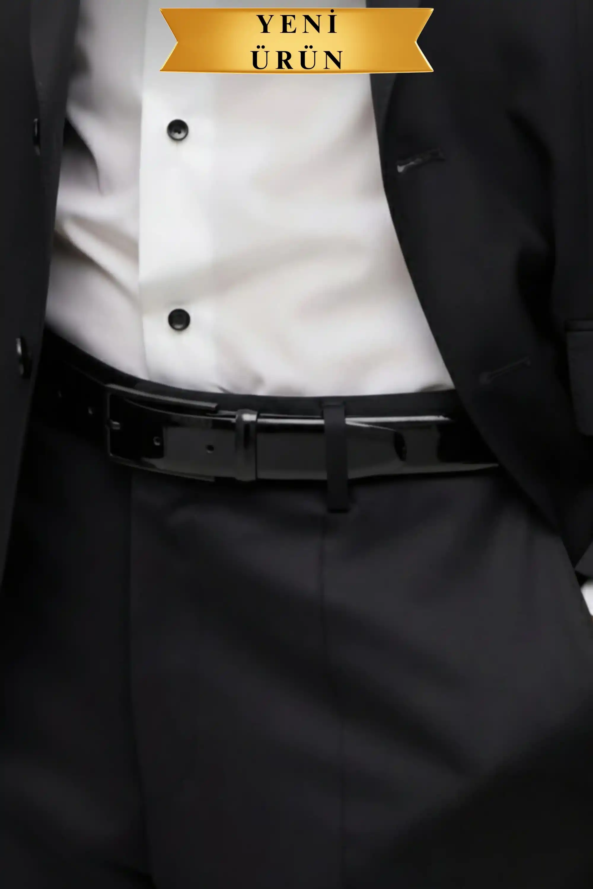 Rugan Vegan Deri Kemer Siyah Mat Metal Tokalı İnce Model Parlak Siyah