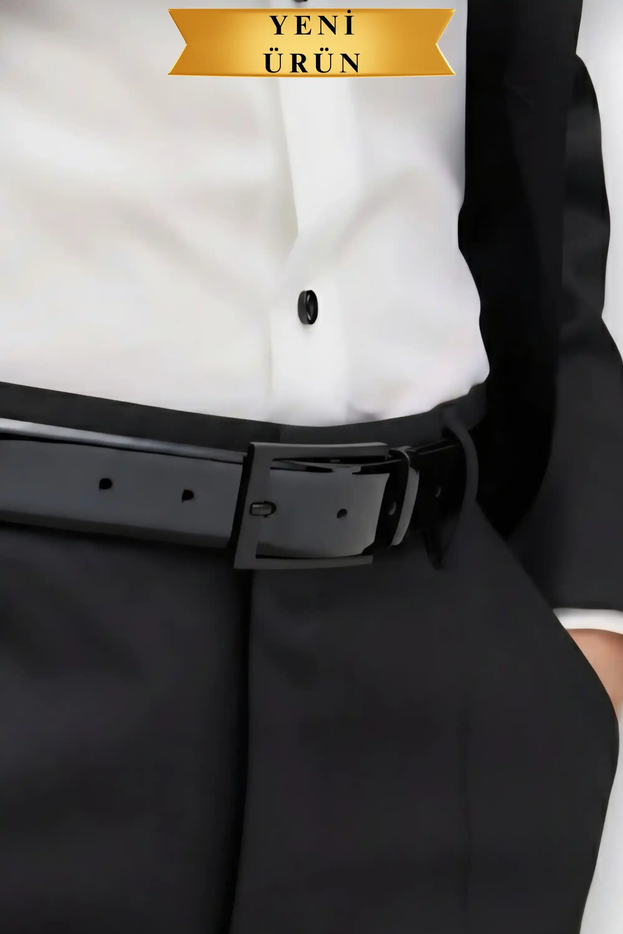 Rugan Vegan Deri Kemer Siyah Mat Metal Tokalı İnce Model Parlak Siyah