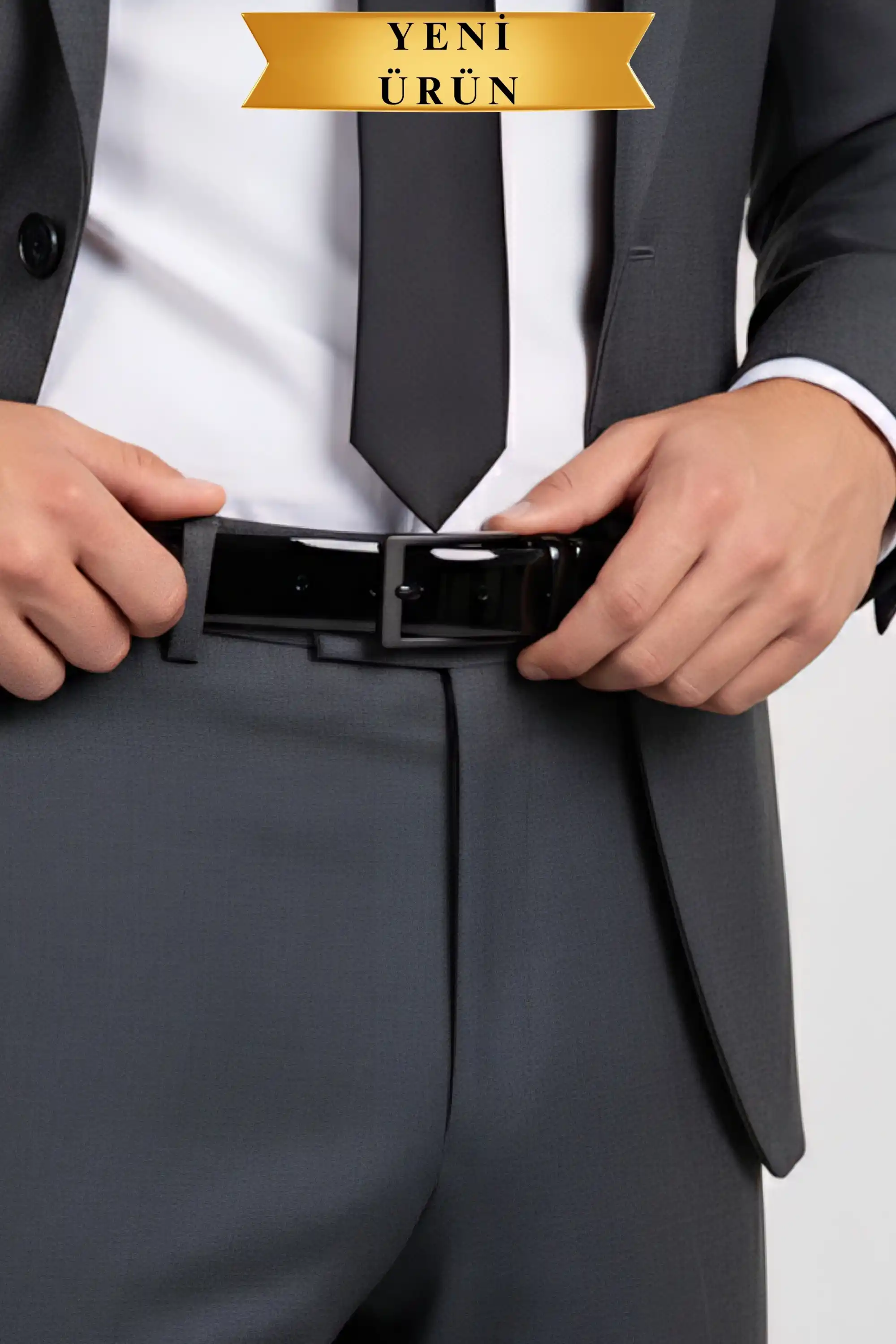 Rugan Vegan Deri Kemer Siyah Mat Metal Tokalı İnce Model Parlak Siyah