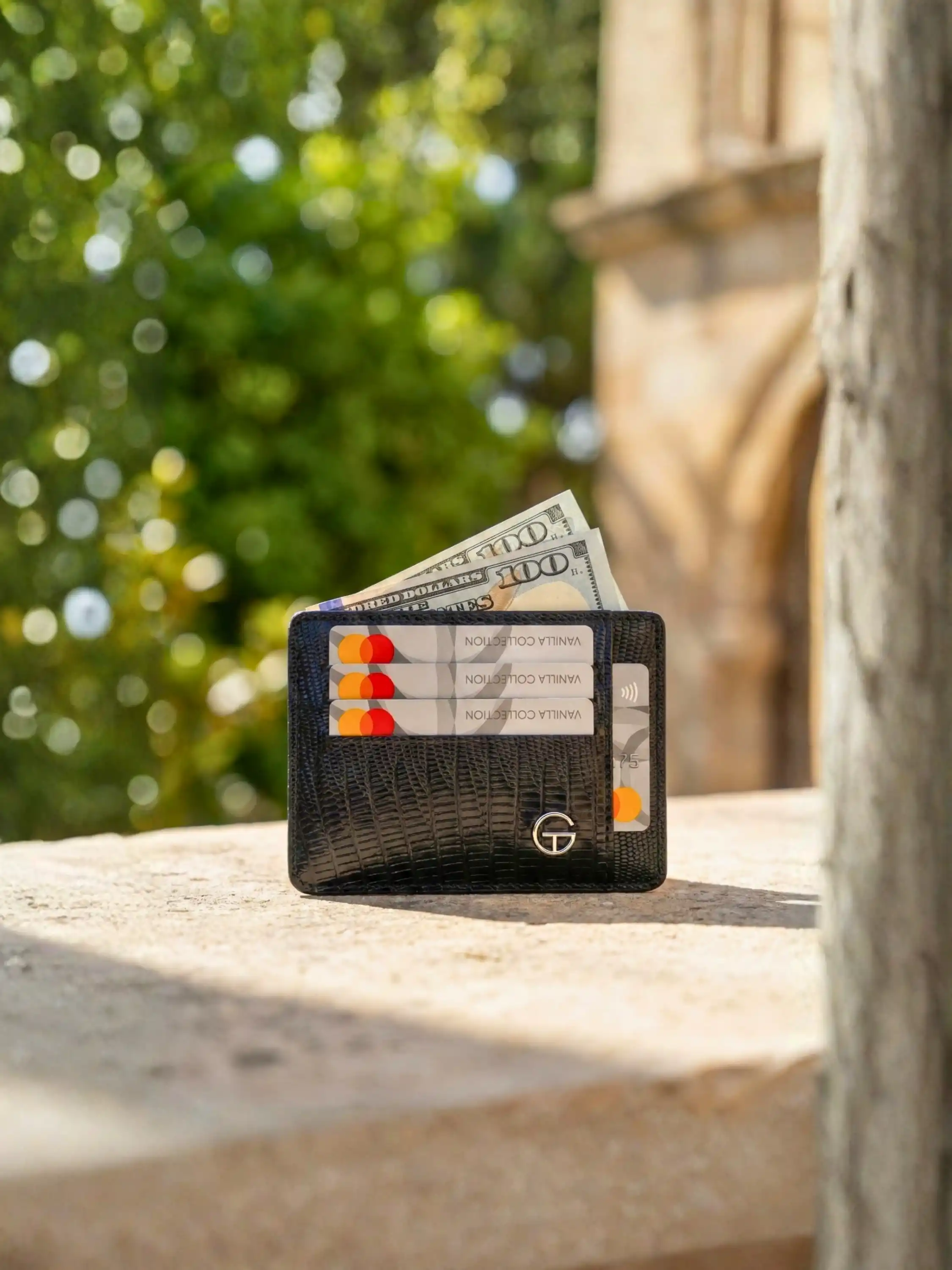 Hakiki Deri Kartlık Unisex Siyah Lüks Desenli İnce Oval Kenar Minimalist Model