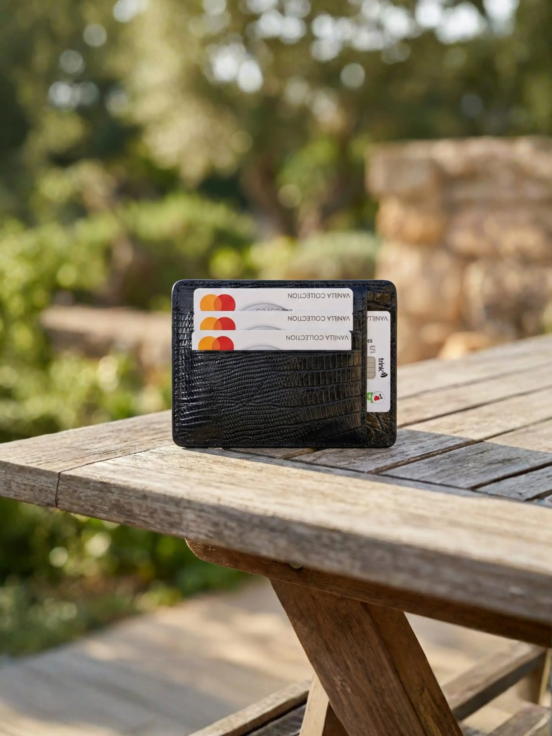 Hakiki Deri Kartlık Unisex Siyah Lüks Desenli İnce Oval Kenar Minimalist Model