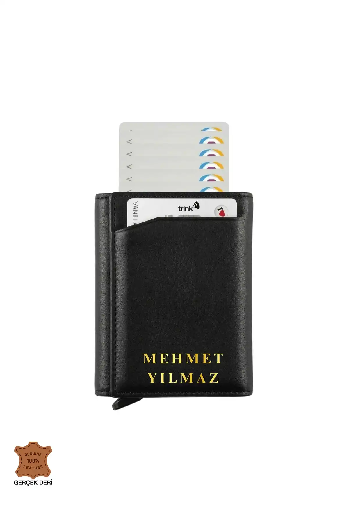 Hakiki Deri Mekanizmalı Kartlık Cüzdan RFID Korumalı İsim Baskılı