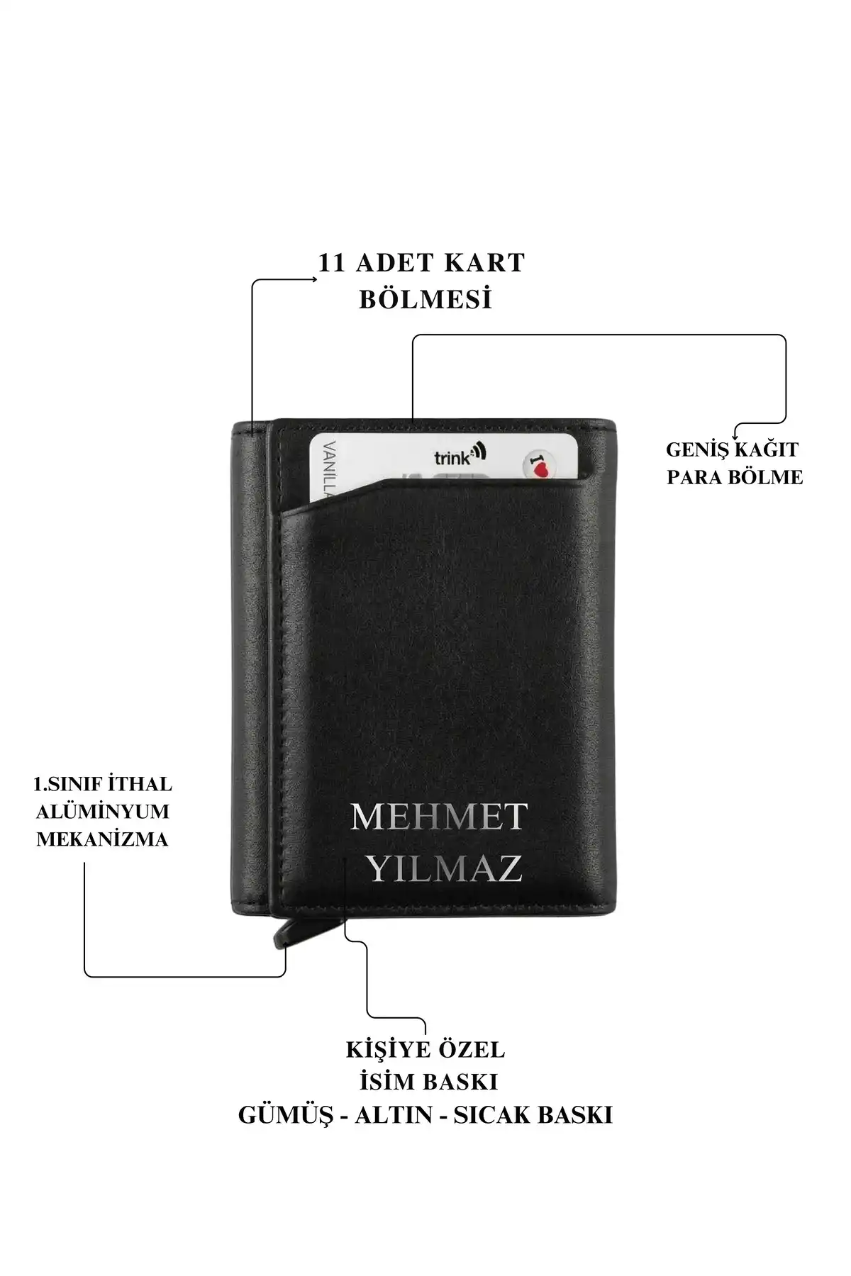Hakiki Deri Mekanizmalı Kartlık Cüzdan RFID Korumalı İsim Baskılı