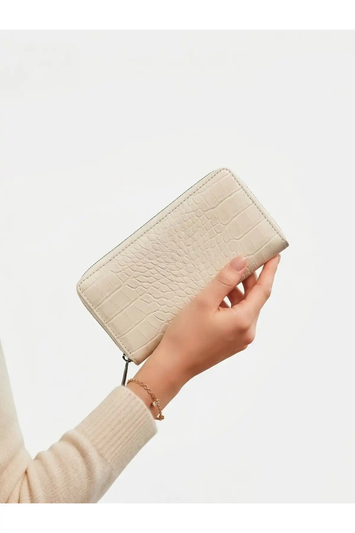 Kadın Cüzdanı Telefon Bölmeli Fermuarlı El Portföy Bej Renk