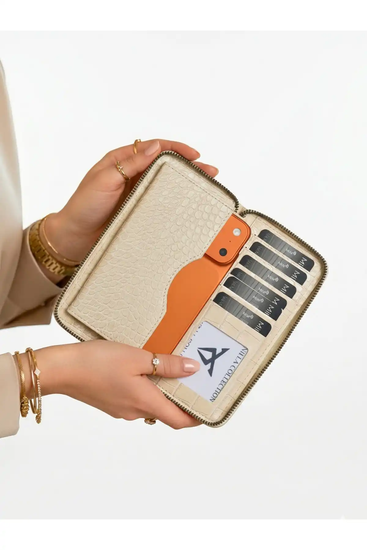Kadın Cüzdanı Telefon Bölmeli Fermuarlı El Portföy Bej Renk