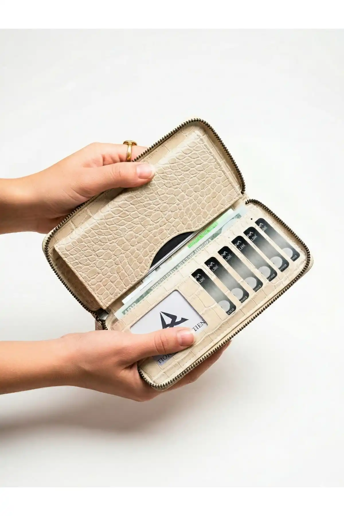 Kadın Cüzdanı Telefon Bölmeli Fermuarlı El Portföy Bej Renk