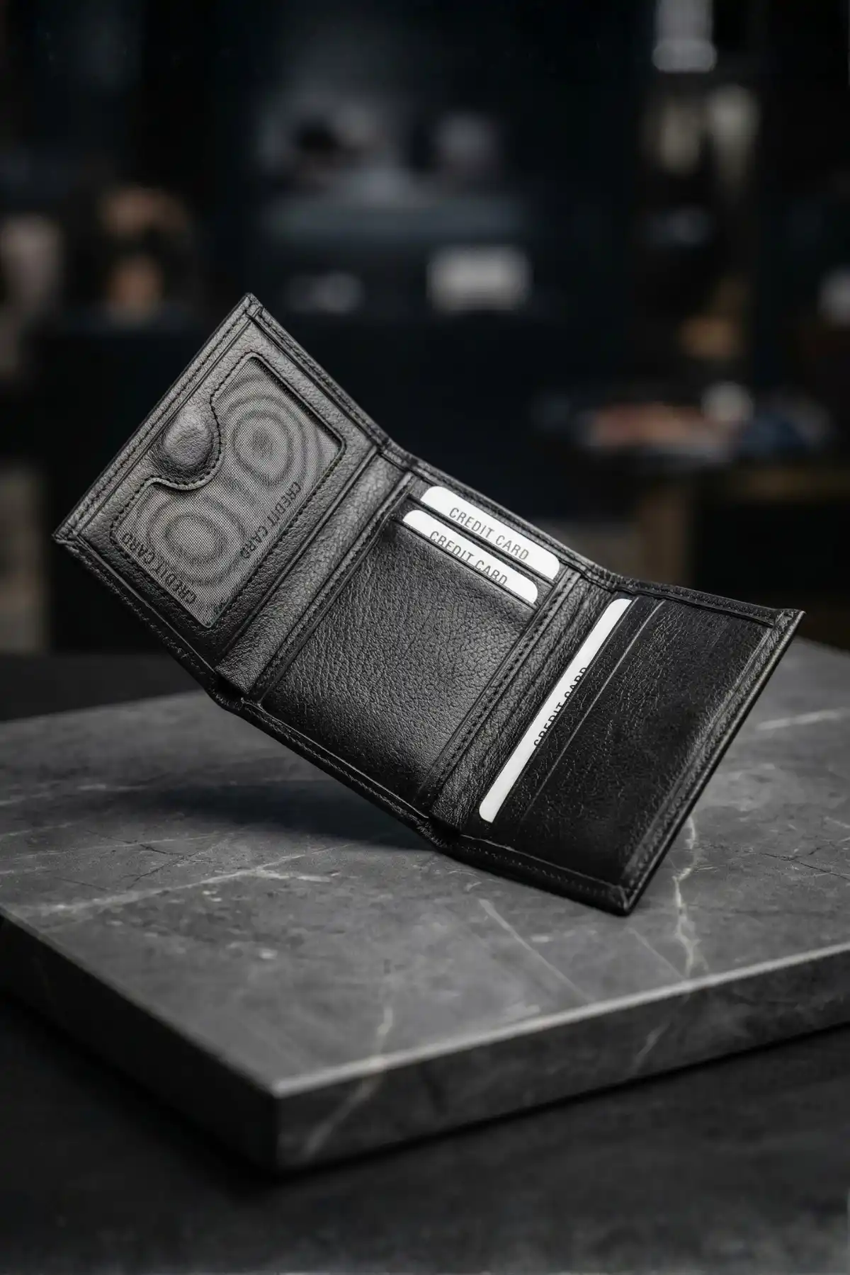 İsim Baskılı Hakiki Deri Erkek Cüzdan Mıknatıslı Kompakt Kartlık Portföy Siyah Dik Model