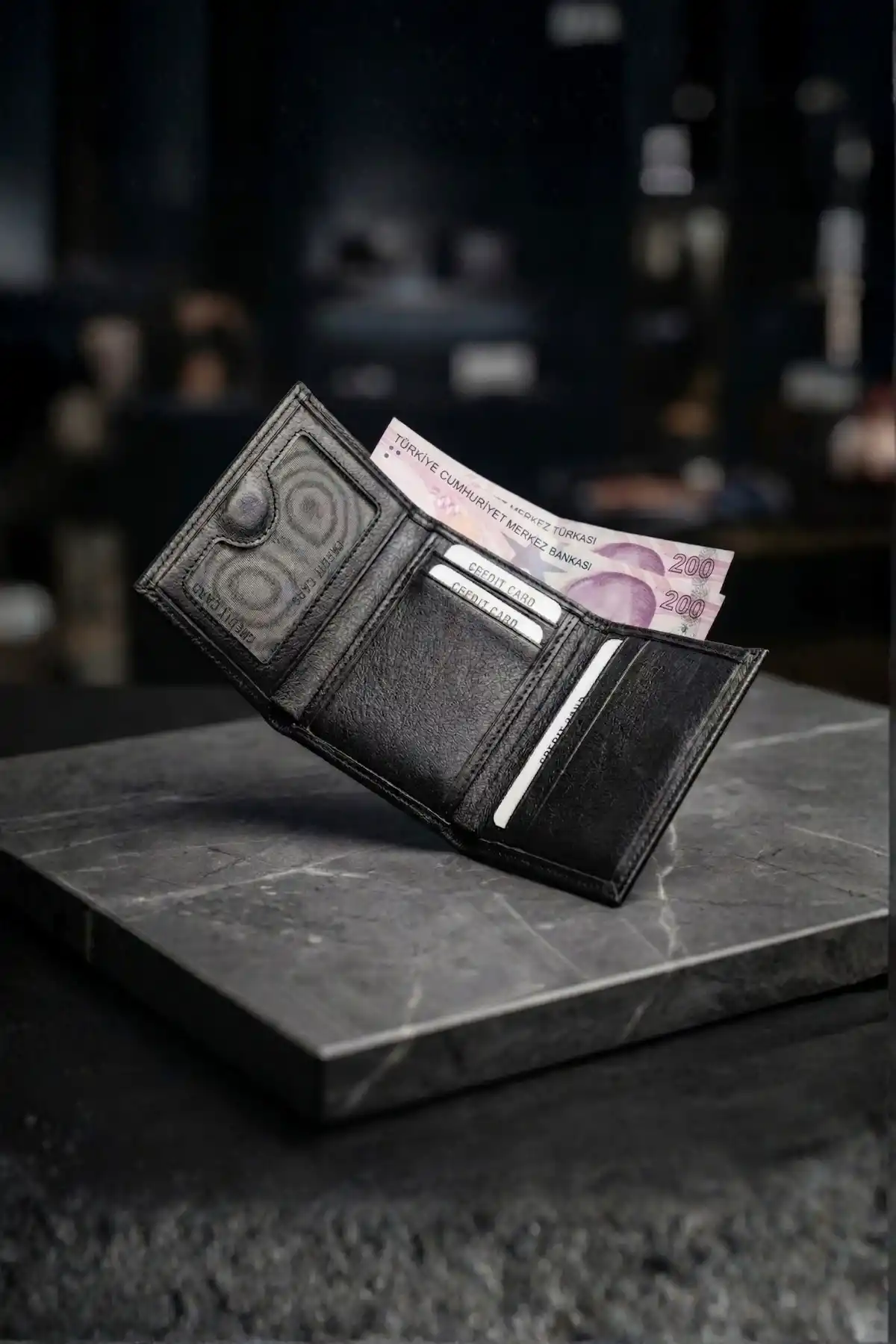 İsim Baskılı Hakiki Deri Erkek Cüzdan Mıknatıslı Kompakt Kartlık Portföy Siyah Dik Model