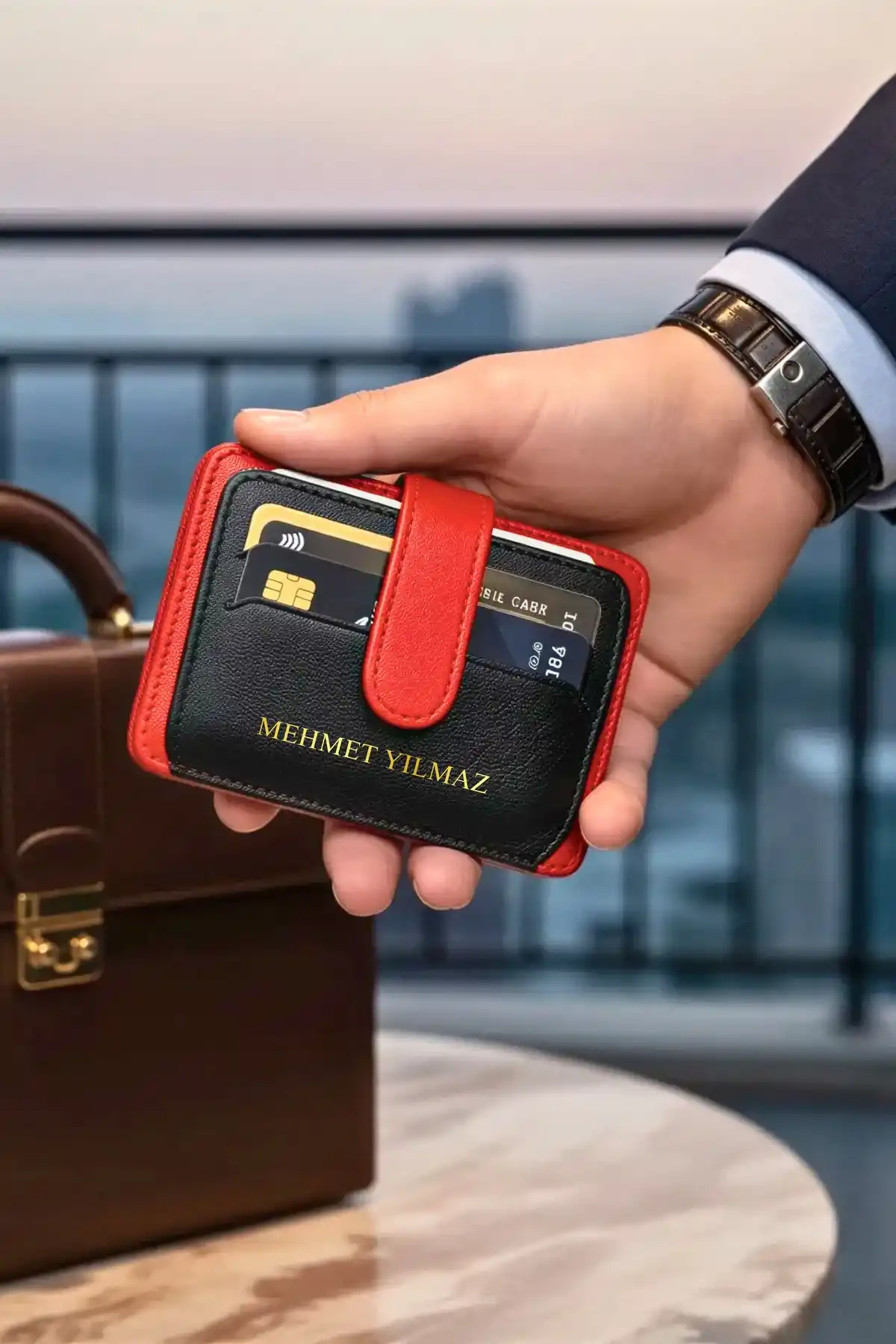 İsim baskılı Kartlık Hakiki Deri Unisex Cüzdan Portföy Süper İnce Model Siyah Kırmızı