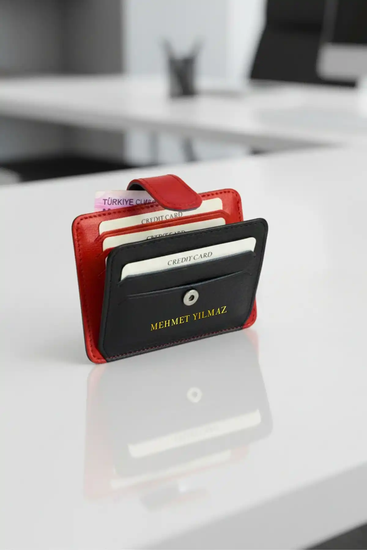 İsim baskılı Kartlık Hakiki Deri Unisex Cüzdan Portföy Süper İnce Model Siyah Kırmızı