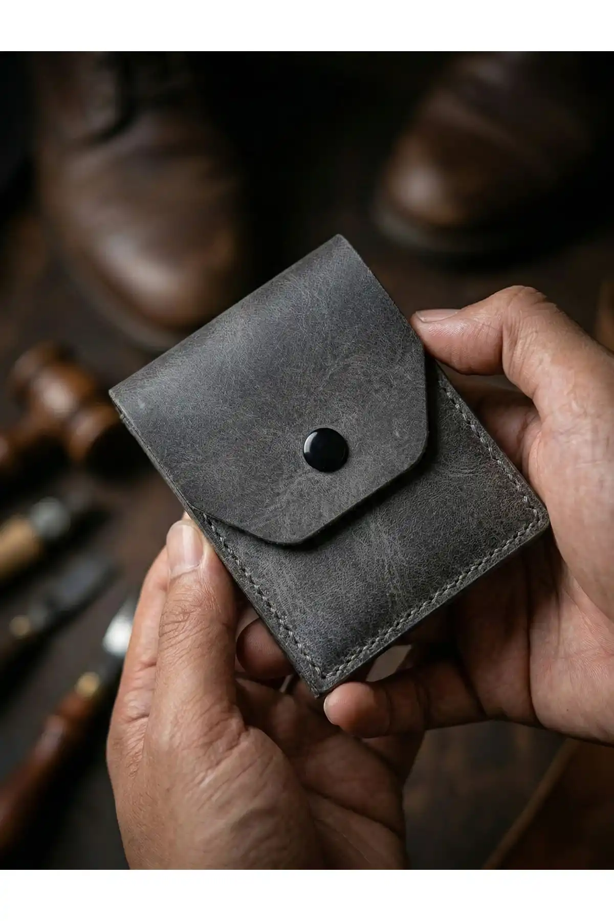 Hakiki Crazy Deri Kişiye Özel İsim Yazılı Cüzdan - Yüksek Nakit Kapasiteli Minimalist Model Crazy Gri