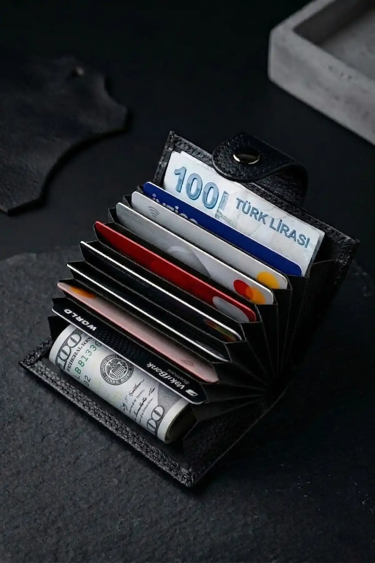 İsim Baskılı Hakiki Deri Çıtçıtlı Akordiyon Kartlık & Cüzdan & Portföy Siyah