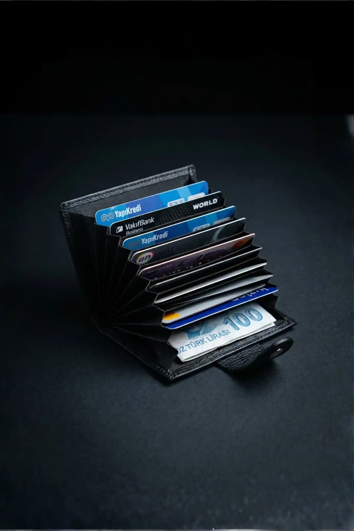 İsim Baskılı Hakiki Deri Çıtçıtlı Akordiyon Kartlık & Cüzdan & Portföy Siyah