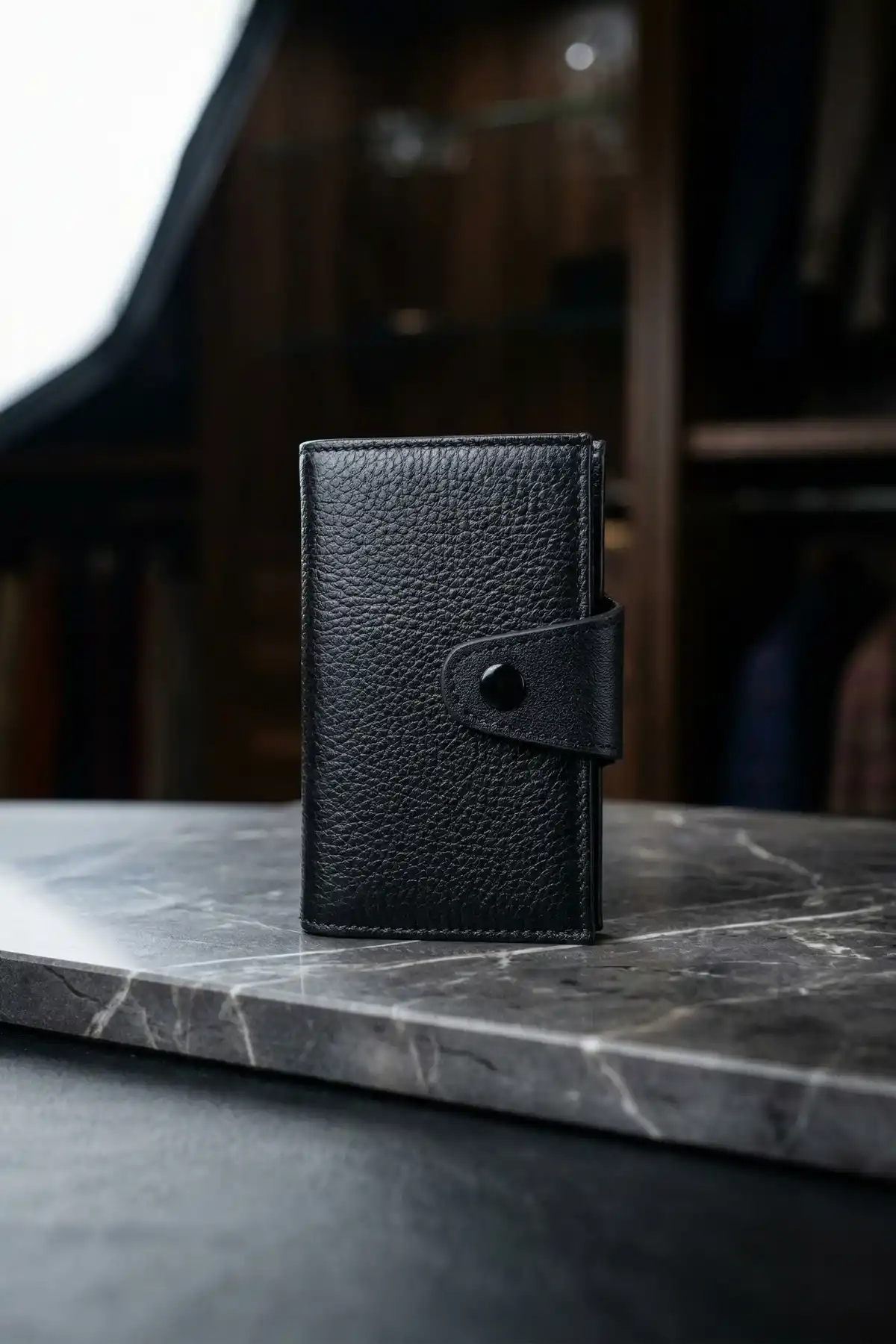 İsim Baskılı Hakiki Deri Çıtçıtlı Akordiyon Kartlık & Cüzdan & Portföy Siyah