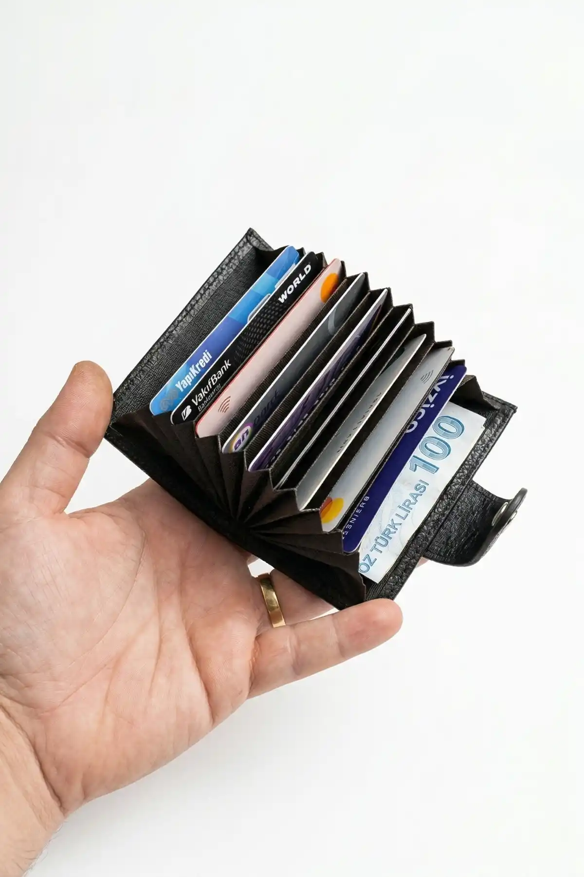 İsim Baskılı Hakiki Deri Çıtçıtlı Akordiyon Kartlık & Cüzdan & Portföy Siyah