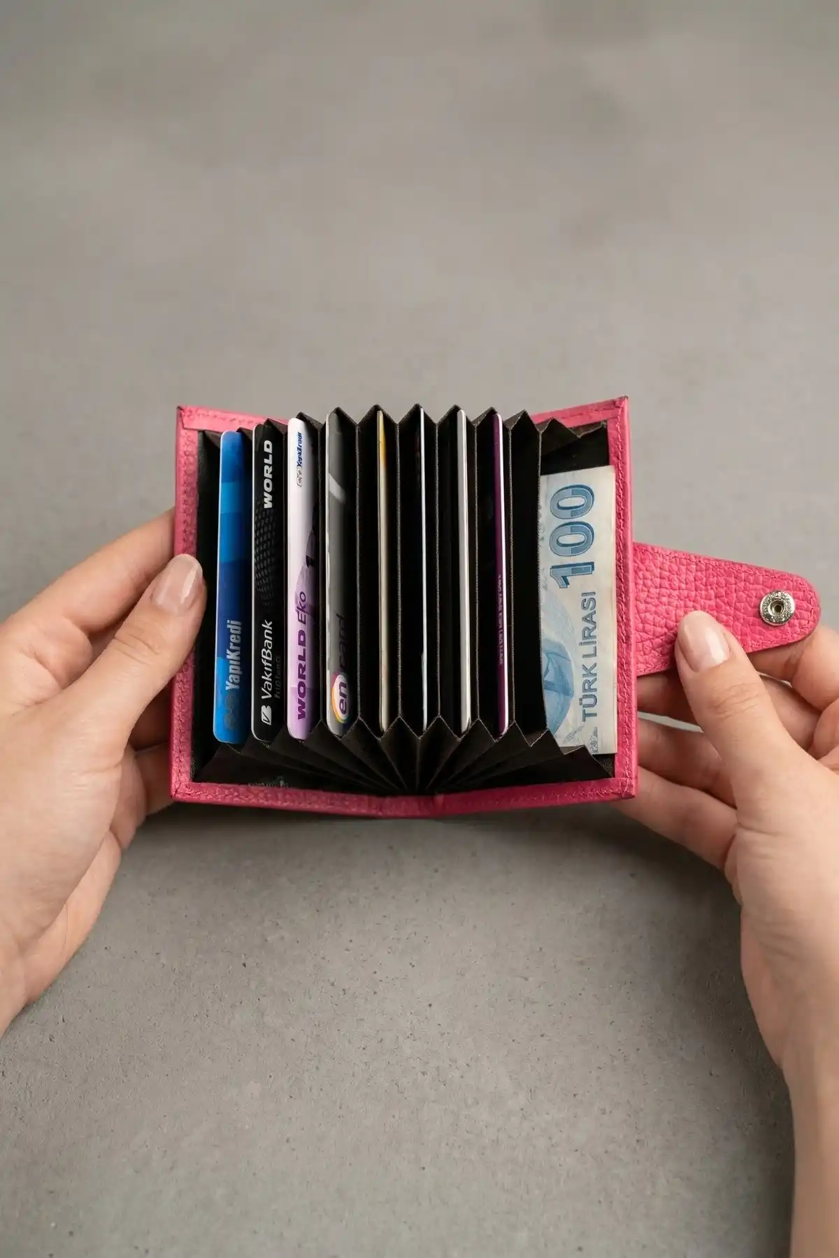 İsim Baskılı Hakiki Deri Çıtçıtlı Akordiyon Kartlık & Cüzdan & Portföy Pembe