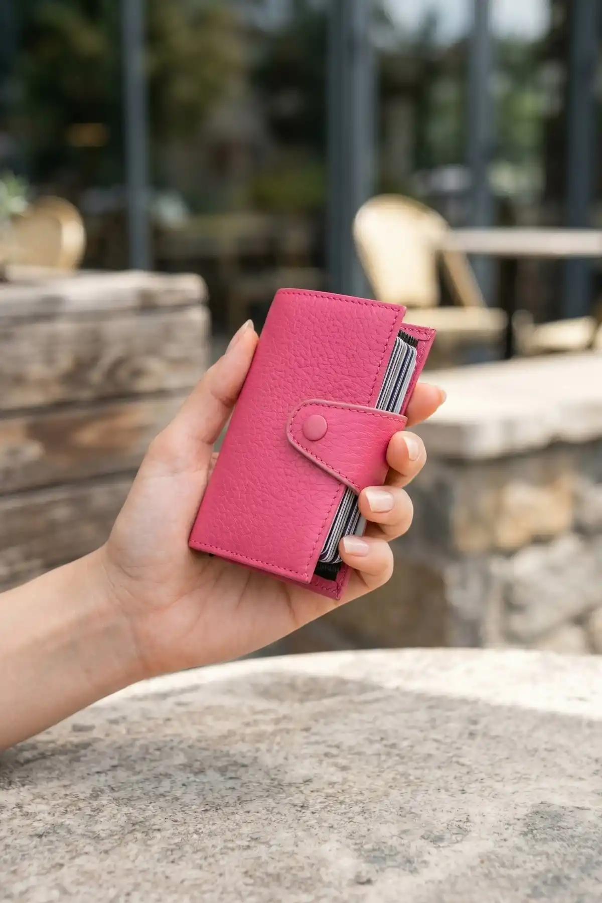 İsim Baskılı Hakiki Deri Çıtçıtlı Akordiyon Kartlık & Cüzdan & Portföy Pembe