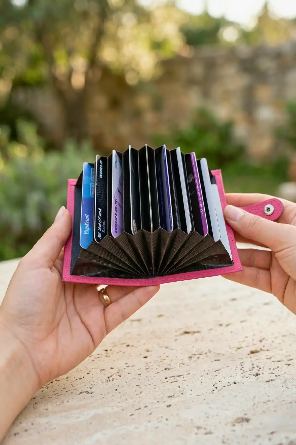 İsim Baskılı Hakiki Deri Çıtçıtlı Akordiyon Kartlık & Cüzdan & Portföy Pembe