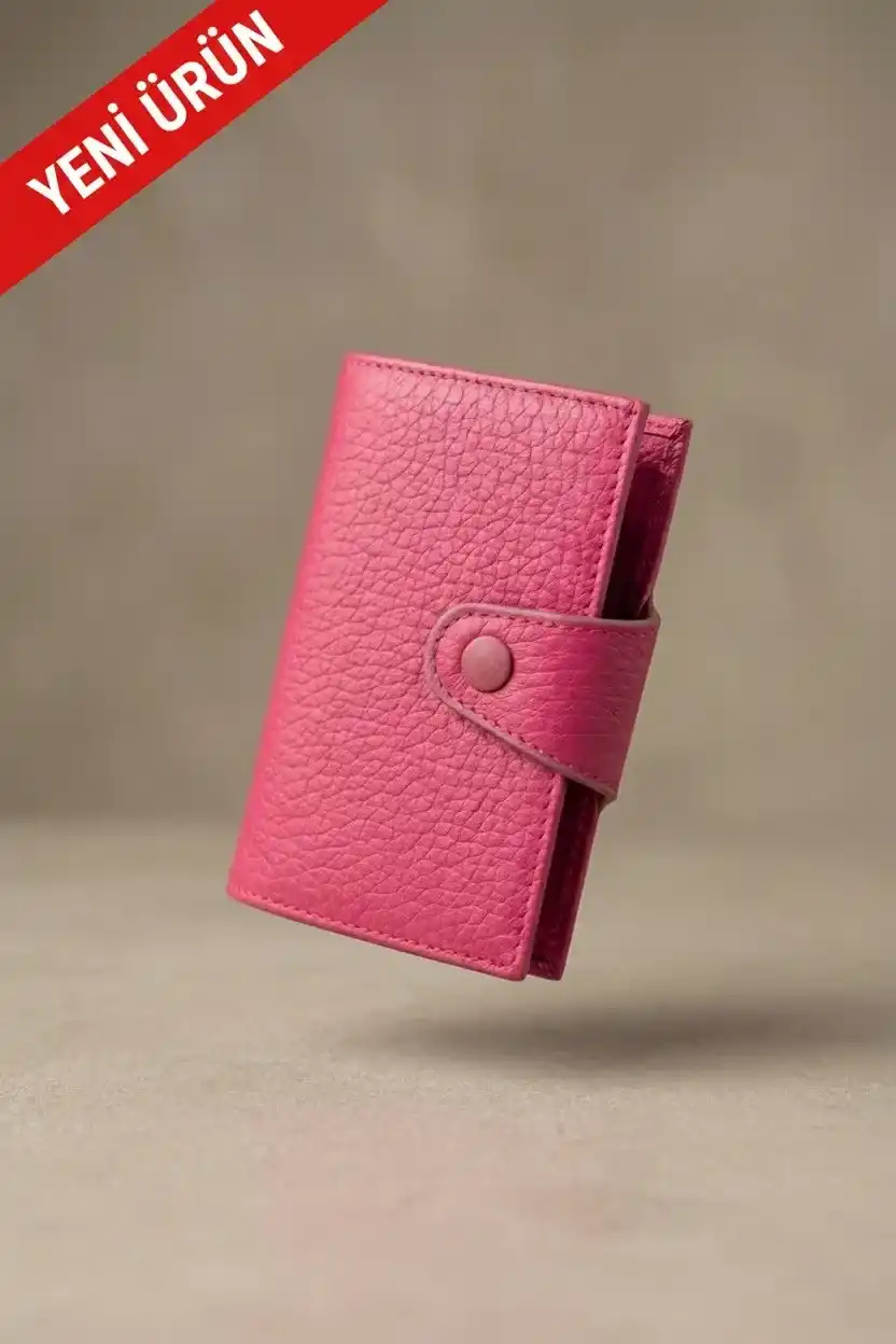 İsim Baskılı Hakiki Deri Çıtçıtlı Akordiyon Kartlık & Cüzdan & Portföy Pembe