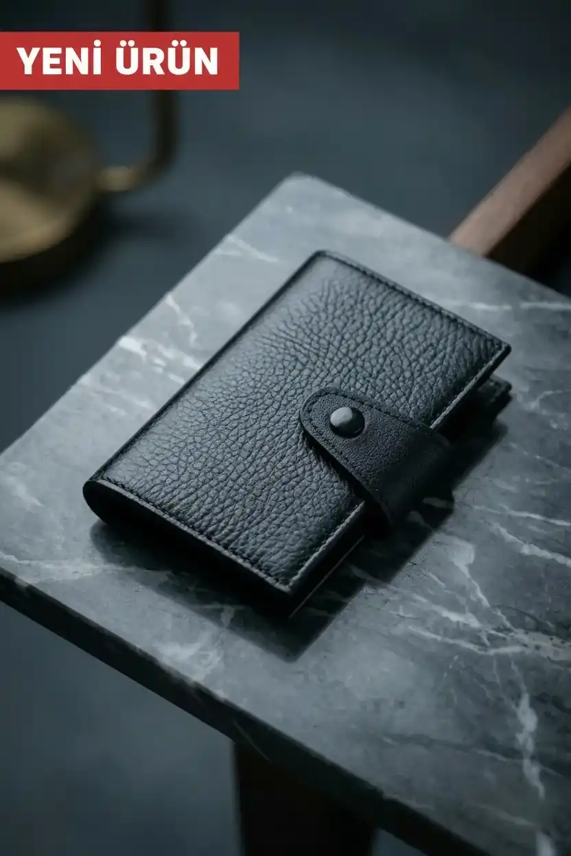 İsim Baskılı Hakiki Deri Çıtçıtlı Akordiyon Kartlık & Cüzdan & Portföy Siyah